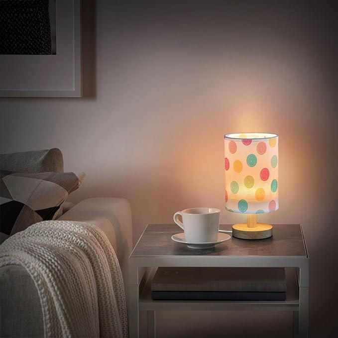 Table Lamp Summer Polka Dot Pattern Nightstand Lamp with Wood Base Fabric Lamp Shade Bedside Desk Lamp for Living Room Bedroom Kids Room Office - Bloomnest