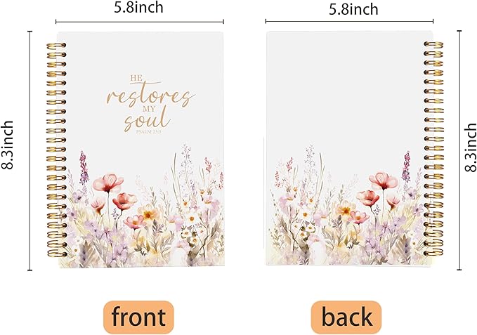 Christian Notebook for Women, Christian Art Gifts Journal, Prayer Journal for Women, Bible Journaling Notebook, PSALM 23:3 He Restores My Soul Floral Spiral Notebook 5.5x8.3 - Bloomnest