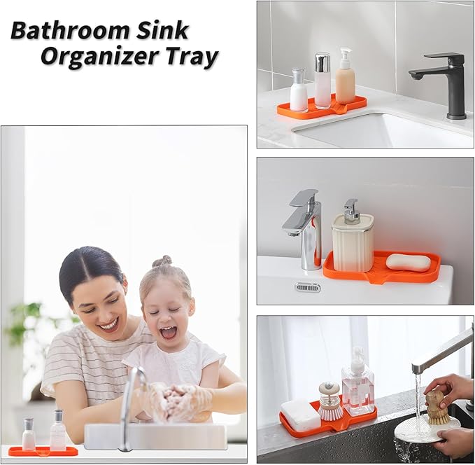 Silicone Bathroom Soap Dishes with Drain Spout-Bathroom and Kitchen Sink Organizer,Sponge Holder,Dish Soap Tray,Perfect for Dispenser,Scrubber,Bottle,Cup on Sink or Counter-Orange 9.6"×5.3" - Bloomnest