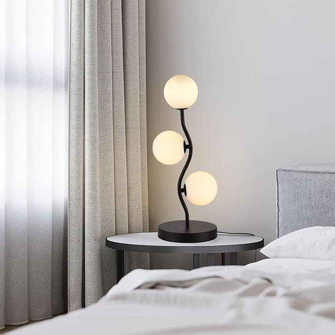 3-Light Curve Black Globe Table Lamp Mid Century Flower Beside Desk Table Light with Milk White Glass Shade Metal Base Nightstand Lamp for Bedroom Bedside - Bloomnest