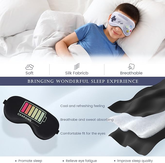 2 Pcs Sleep Mask for Kids Boys, Silk Eye Covers for Sleeping, Adjustable Strap & Light Blocking Design, Adult Children's Bedtime Blindfold for Travel and Home Use with Gift Box - Bloomnest
