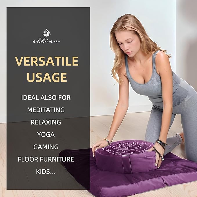 Zafu & Zabuton Meditation Cushion Set - Buckwheat Hull & Memory Foam Pillows, Ergonomic Support for Yoga, Mindfulness - Organic Velvet Cover, Large Size, Durable Comfort (Purple) - Bloomnest