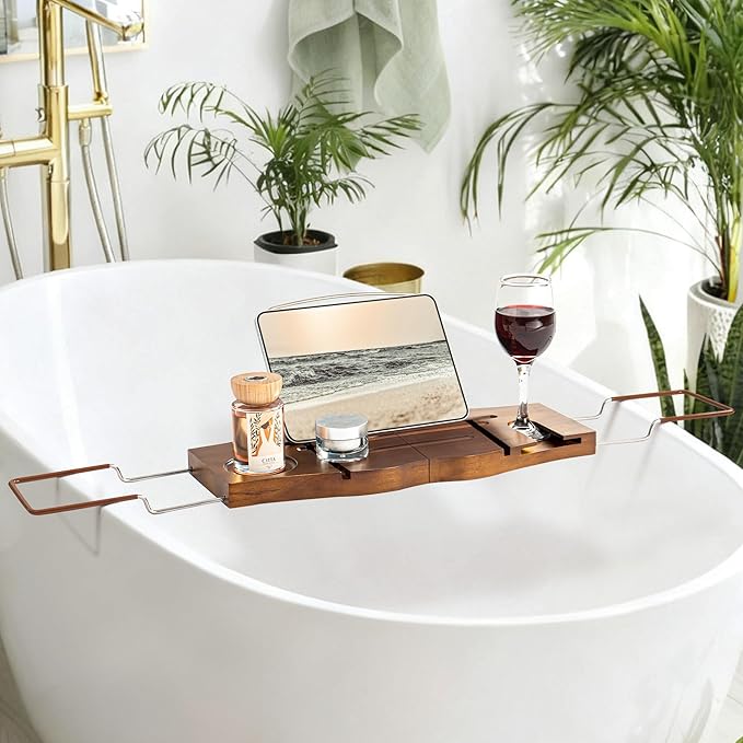 Teak Bathtub Tray Expandable Bathroom Tray for Home Spa Relaxation, Wooden Tray Caddy for Bathtub, Teak Bathtub Caddy as Unique Housewarming, Birthday, Wedding Shower Gifts. Light Walnut - Bloomnest