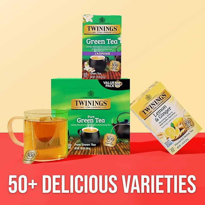 Twinings Pure Green Tea Individually Wrapped Bags, 100 Count (Pack of 1), Smooth & Refreshing, Caffeinated, Enjoy Hot or Iced, 100 Teabags - Bloomnest
