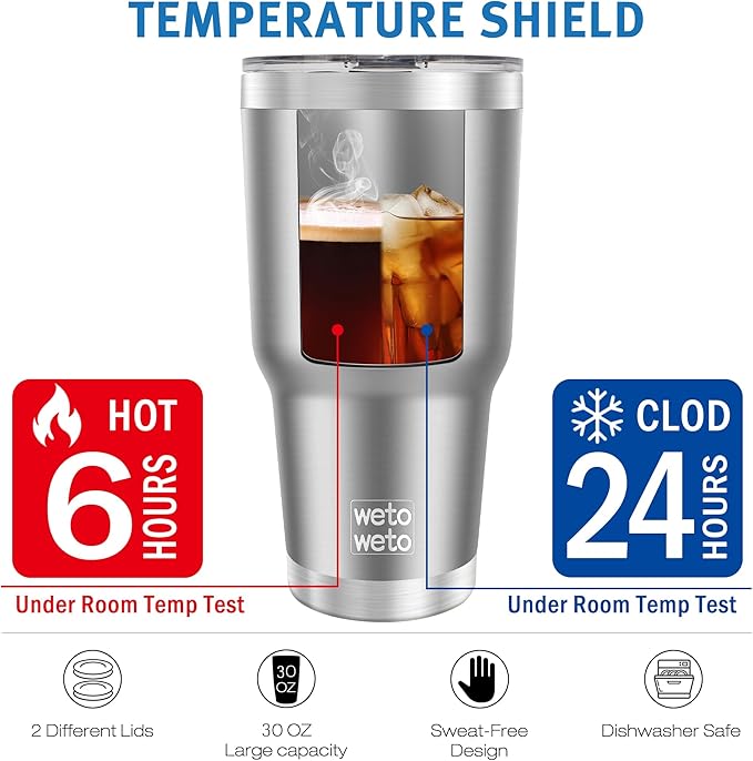 WETOWETO 30oz Tumbler, Stainless Steel Vacuum Insulated Water Coffee Tumbler Cup, Double Wall Powder Coated Spill-Proof Travel Mug Thermal Cup for Home Outdoor (Stainless, 1 Pack) - Bloomnest