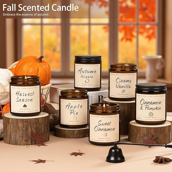 Auelife Fall Candles, 6 Pack Scented Candle Set, 42 oz Autumn Soy Candles for Home Scented, Fall Candle Gifts Set for Men and Women, Autumn Home Decor of Wreath/Apple/Latte/Harvest/Vanilla/Cinnamon - Bloomnest