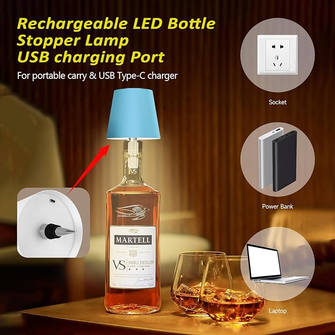2025 New Wireless Bottle Lamp - LED Bottle Lights for Liquor & Wine Bottles, Cordless Lampshade, Whiskey Bottle Top Light, Bottle Stopper Night Light Kit, Rechargeable 3-Tone Touch-Dimmable - Bloomnest