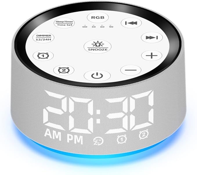 Sound Machine White Brown Noise Machine with 30 Sleeping Sounds for Baby Kids Adults Night Light Bedroom Alarm Clock 2 Alarms Backup Battery 32-Level Vol 15 Wake up Sounds for Mild Heavy Sleeper