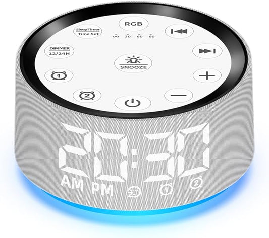 Sound Machine White Brown Noise Machine with 30 Sleeping Sounds for Baby Kids Adults Night Light Bedroom Alarm Clock 2 Alarms Backup Battery 32-Level Vol 15 Wake up Sounds for Mild Heavy Sleeper