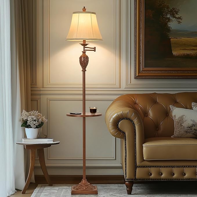 Traditional LED Floor Lamp with 350° Adjustable Swing Arm Lamp – Vintage Standing Pole lamp for Living Room, Bedroom and Office – Rustic Upright Floor Light for Home Décor with Silk Fabric Shade - Bloomnest