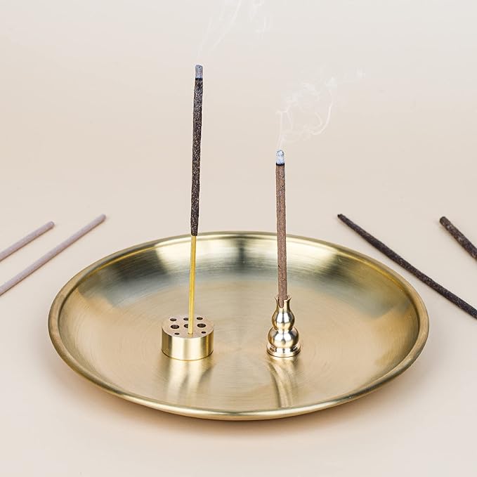 ZenBless 5 in 1 Incense Burner, Palo Santo Holder, Sage Holder, Incense Sticks/Coil/Cones, 5.5 inches Brass Ash Catcher for Meditation Yoga Room (Gold_2pcs) ZenBless