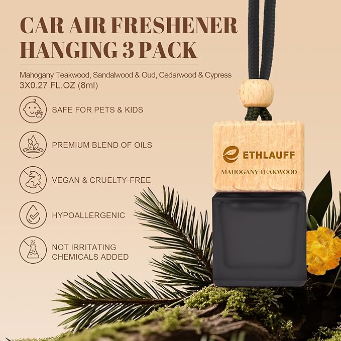 Car Air Freshener Hanging, 3 Pcs Teakwood Mahogany, Sandalwood & Oud, Cedarwood & Cypress, Wooden Scent Air Fresheners Diffuser for Car, 45+ days Long Lasting Fragrance, 0.27 FL OZ/8ML - Bloomnest