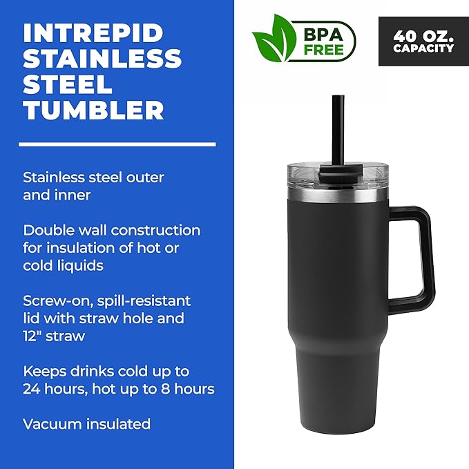 10 Ct of 40 Oz Intrepid Stainless Steel Tumbler with Lid, Straw & Handle – Black – Customizable Insulated Cups for Water, Coffee, Hot & Iced Drinks – Great for DIY, Events, Work - Bloomnest