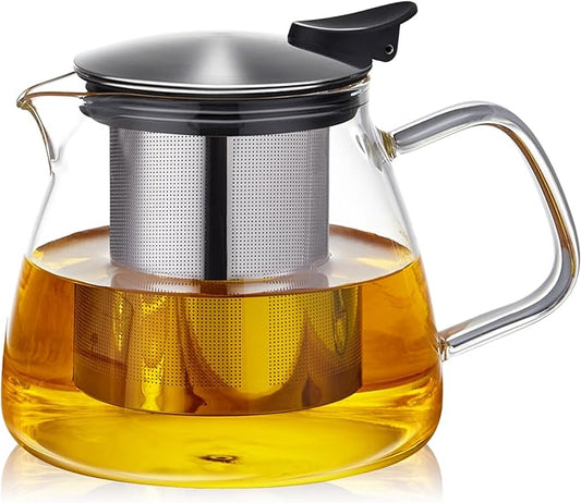 Glass Teapot Tea Pot with Removable Stainless Steel Infuser, 25oz / 760ml Borosilicate Glass Tea Kettle for Office Work, Fine Strainer for Loose Leaf Tea - Bloomnest