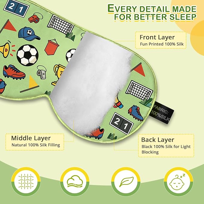 Kids Silk Sleep Mask: 100% Mulberry Silk Eye Mask with Adjustable Strap, Cute Sleeping Blindfold for Boys Girls Teens, Soft & Lightweight Eye Shade for Travel, Nap, Bedtime (Soccer Cute Print) - Bloomnest