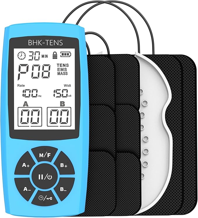 Rechargeable TENS Unit Machine for Pain Relief Therapy, Electronic EMS Muscle Stimulator for Shoulder Pain Relief, TENS&EMS Stimulator for Back Pain, Shoulder Neck Pain Relief, Sciatica Pain, Blue BHKTENS