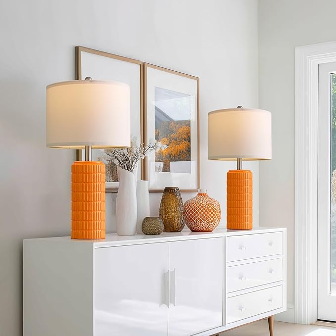 PoKat 23" Orange Table Lamps Decor for Living Room Set of 2, Modern Living Room Lamps for End Table, Ceramic Table Lamps for Bedroom, Contemporary Nightstand Lamps for Home Bedroom Decor - Bloomnest