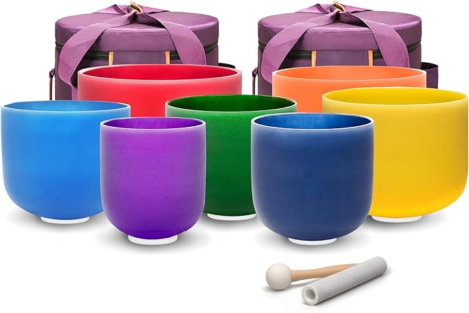 TOPFUND 440 Hz Chakra Set of 7 Color Crystal Singing Bowls 6-10 inch with Heavy Duty Carrying Cases and Singing Bowl Mallets - Bloomnest