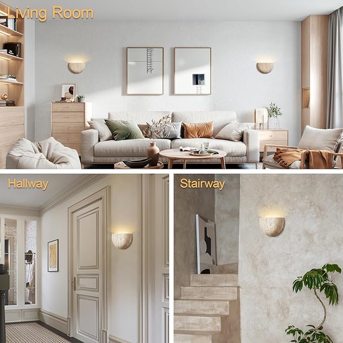 Modern Marble Yellow Travertine Wall Sconce LED G9 3000K Wall Lamp Semi Circle Natural Stone Shade Wall Light Japanese Style Wabi-Sabi Art Lighting Fixture For Farmhouse, Foyer, Entryway, Sta - Bloomnest