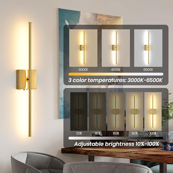 Battery Operated Wall Sconces Set of 2, 11000mAh Wireless Rechargeable Gold Wall Lights with Remote Control, 350°Rotate Dimmable Wall Lamp, 3 Color Temperatures, for Bedroom, Living Room, Hallway - Bloomnest