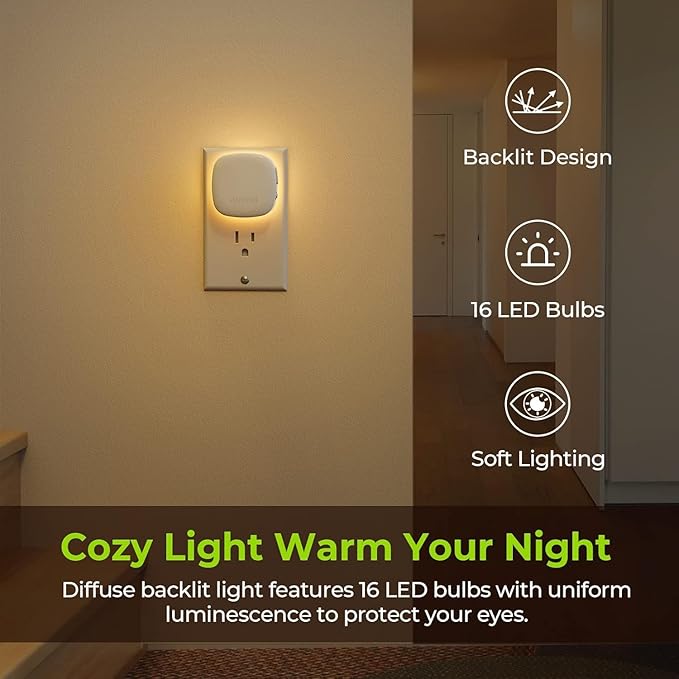 AUVON Plug-in LED Backlit Night Light with Motion Sensor & Dusk to Dawn Sensor, Dimmable Warm White Nightlight with 1-50 lm Adjustable Brightness for Bedroom, Bathroom, Stairs, Hallway (4 Pack) - Bloomnest