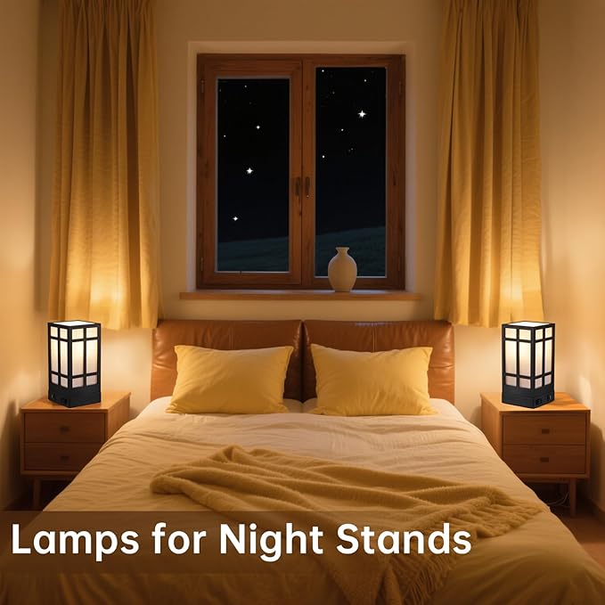 Beside Table Lamp set of 2 with AC Outlet, USB A & C Charging Port,Small Rectangular Nightstand Lamp with Bamboo Linen Shade,LED Bulbs Included,Tabletop Reading Lamp for Living Room/Dorm/Office - Bloomnest