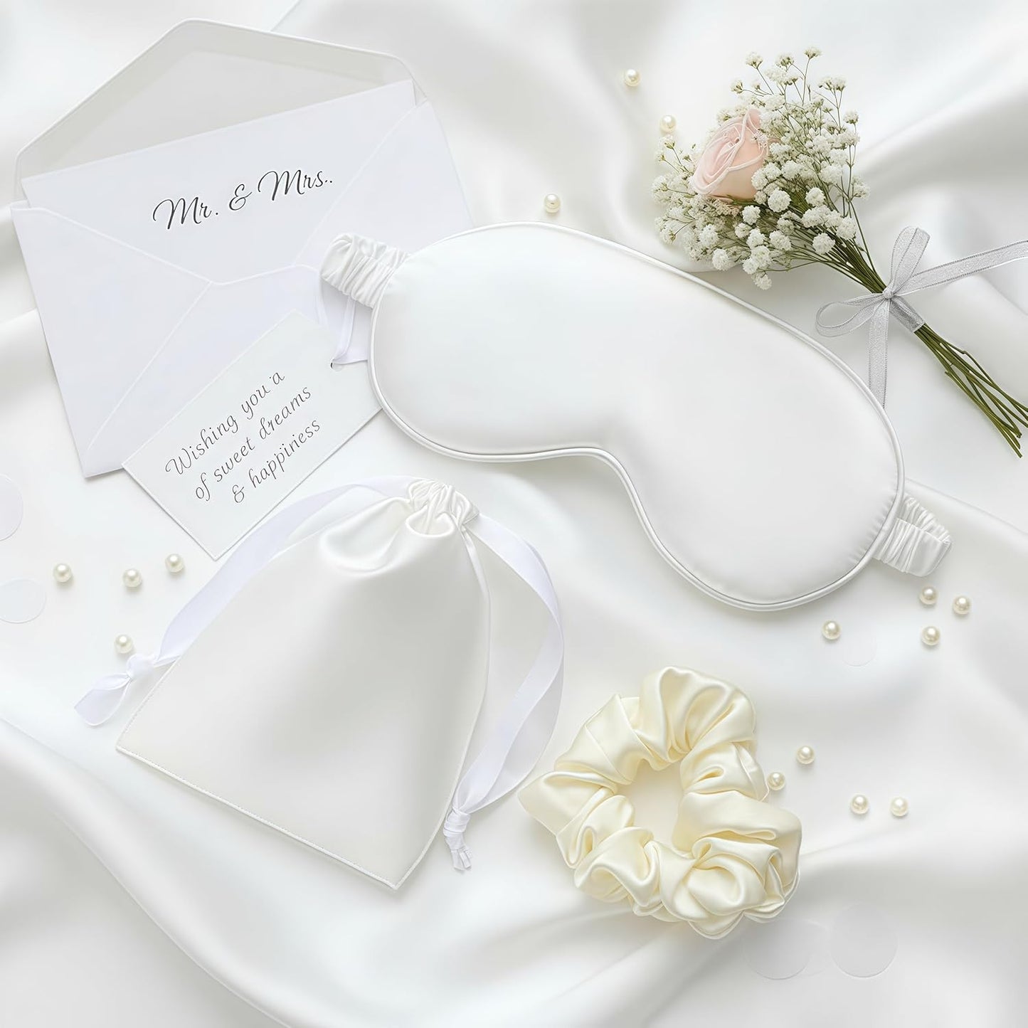 Silk Satin Sleeping Eye Mask, White Sleep Eye Night Blindfold for Women and Men, Soft Breathable Blackout Eyeshade Eye Cover for Travel, Wedding Bridesmaid Gift