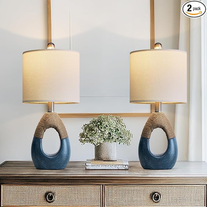 OYEARS 19" Boho Bedside Lamps Set of 2, Suitable for Small Spaces, Blue Table Lamps for Living Room & Coastal Farmhouse End Tables - Bloomnest