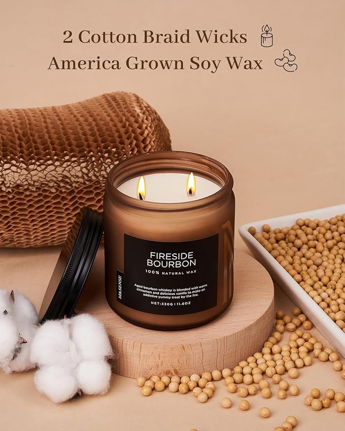 M&SENSE Fireside Bourbon Jar Candle, 11.6oz Clean Soy Wax Up to 70 Hours Burn Time Smoky Scent 2 Wick Cotton Fall Campfire Scented Candle for Home Decor Housewarming Gifts for Bathroom Office - Bloomnest
