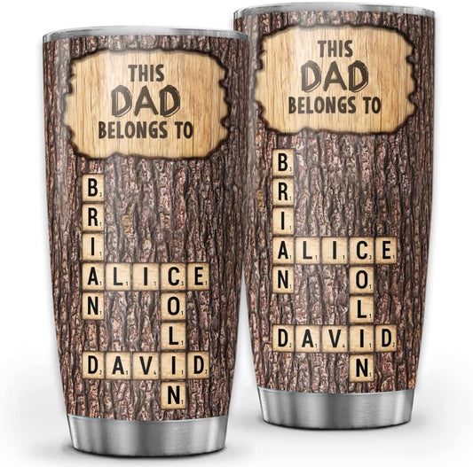 Personalized Crossword Tumbler for Dad, Custom 20oz & 30oz Stainless Steel Insulated Mug with Kids’ Names, Rustic Wood Design, Unique Father’s Day Gift for Dad, Husband or Grandpa