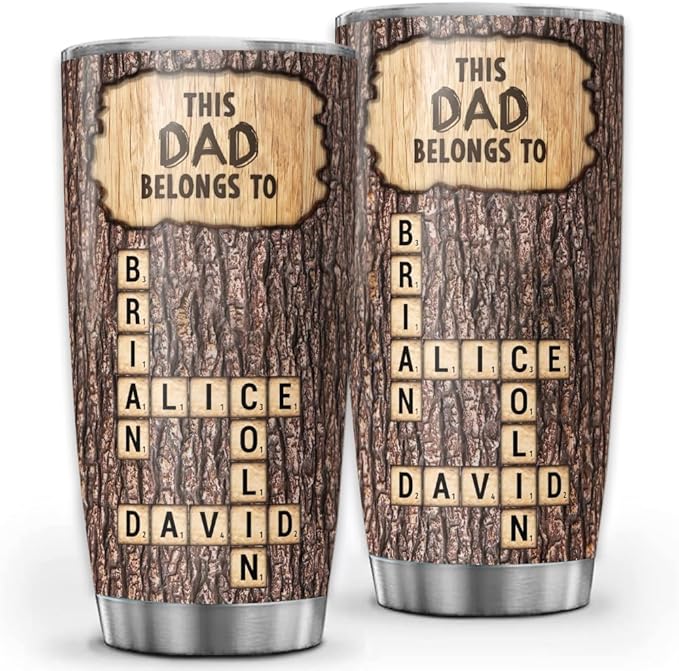Personalized Crossword Tumbler for Dad, Custom 20oz & 30oz Stainless Steel Insulated Mug with Kids’ Names, Rustic Wood Design, Unique Father’s Day Gift for Dad, Husband or Grandpa - Bloomnest