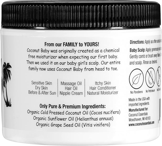 Coconut Baby Oil for Hair & Skin Care, Natural & Organic, Coconut Oil for Cradle Cap, Eczema, Infant Scalp Relief, Hair Oil for Curly Hair - Newborn Moisturizer for Sensitive Skin, Unscented - 2 fl oz - Bloomnest