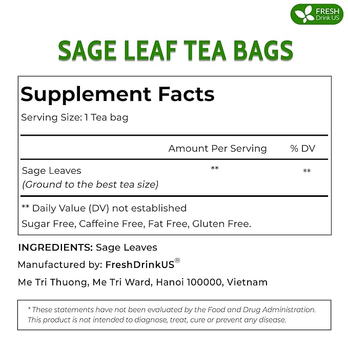 FreshDrinkUS, Premium 15 Sage Leaf Tea Bags, 100% Natural & Pure from Sage Leaves. Loose Leaf Sage Herbal Tea. Made with Natural Material Tea Bags. No Sugar, No Caffeine, No Gluten, Vegan. - Bloomnest