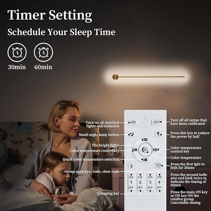 dimmable Modern Plug in Wall Sconce Set of 2, 23.6" Gold Brushed Wall Lights, Indoor Wall lamp Background Lighting with Memory Function, Applicable to Living Room and Bedroom 3000K 4000K 6000K - Bloomnest