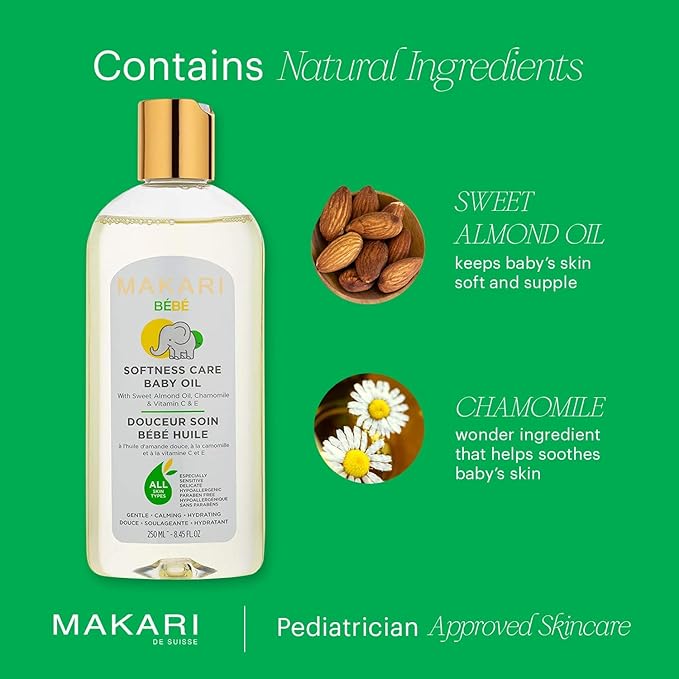 Makari Softness Care Baby Oil with Sweet Almond, Chamomile & Vitamins C & E, Hypoallergenic & Paraben-Free, Ideal for All Skin Types, Formulated for Sensitive and Delicate Newborn Skin - Bloomnest