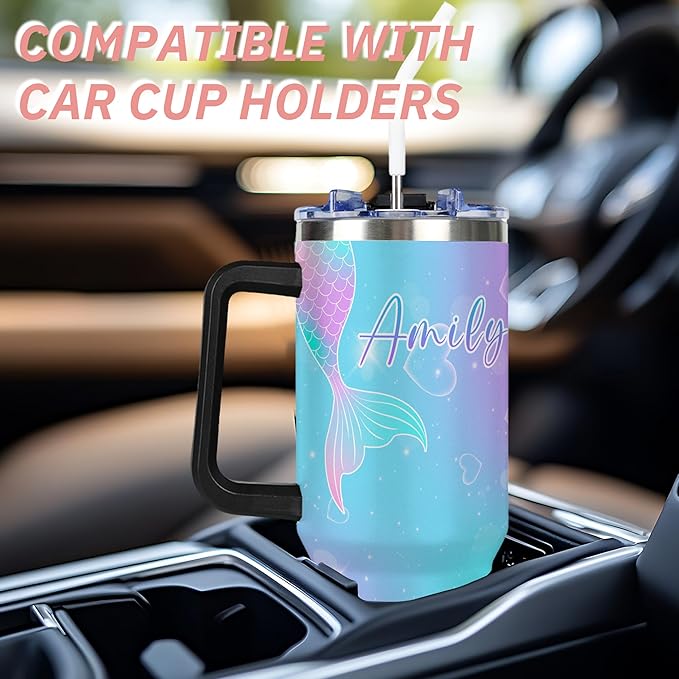 Personalized Mermaid Tail Tumbler with Names, Custom 40oz Tumblers with Handle and Straw Lid, Insulated Stainless Steel Cup, Gifts for Birthday Christmas Anniversary Women Her, Travel Coffee Mug - Bloomnest