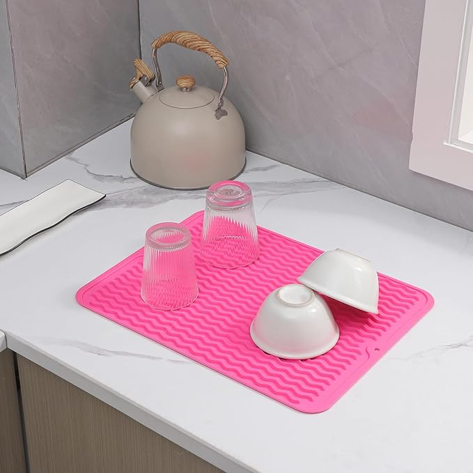 Silicone Dish Drying Mat for Multiple Usage,Easy clean,Eco-friendly,Heat-resistant Silicone Mat for Kitchen Counter or Sink,Refrigerator or drawer liner Rose L 16 inches x 12 inches - Bloomnest