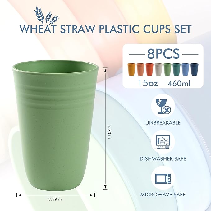 HOTEC 8-Pack 15oz Plastic Cups, BPA-Free Reusable Drinking Cup set, Unbreakable Tumblers, Dishwasher Safe Water Plastic Glasses, Multicolor - Bloomnest