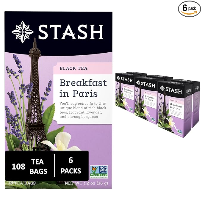 Stash Tea Breakfast In Paris Black Tea - Caffeinated, Non-GMO Project Verified Premium Tea with No Artificial Ingredients, 18 Count (Pack of 6) - 108 Bags Total - Bloomnest