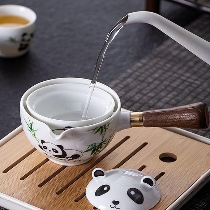 Ceramic Portable Travel Tea Set, Chinese Kungfu Tea Set with 360 Rotation Teapot and Infuser, 4 Tea Cups, Tea Tray And Travel Bag (Panda)