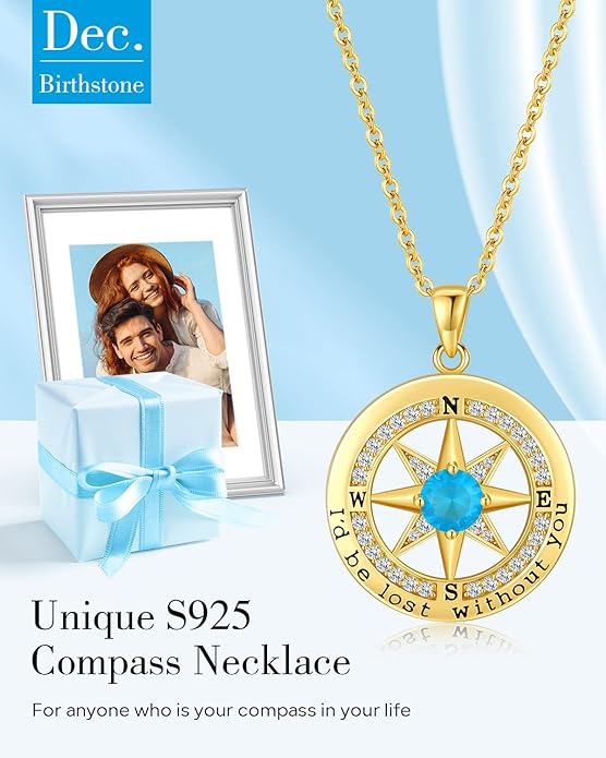 S925 Necklace Gift for Wife |Compass Jewelry |Women Anniversary |Sterling Silver |Girlfriend Birthday Gifts for Her Valentines |I'd be Lost without You |Jewel 18K Gold - Bloomnest
