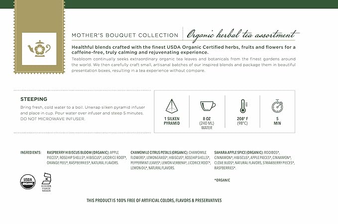 Teabloom Mother’s Bouquet Gourmet Tea Gift – Herbal Assortment with 12 Organic Plant-Based Pyramid Sachets, Caffeine-Free & Kosher, Elegant Presentation Box for Tea Lovers - Bloomnest