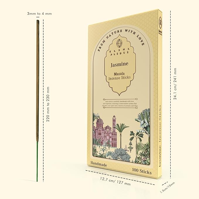 Incense Sticks, Jasmine Incense, Pack of 100 Stick, Hand Rolled Aromatic Masala Made with Natural Ingredients, 45-60 Minute Burn Time, Best for Home Fragrance, Meditation, Yoga, Spiritual Healing KARMAPLEDGE