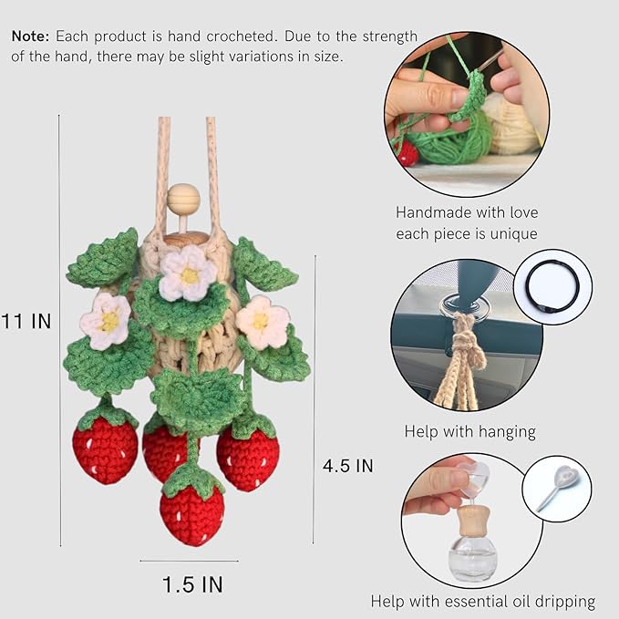 Handmade Crochet Hanging Car Air Freshener - Cute Strawberry Plant Design, 12ml Refillable Thick Glass Bottle, Car Diffuser for Rearview Mirror, Home & Office Decor - Bloomnest