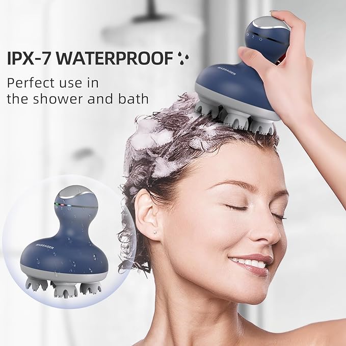 cotsoco Electric Scalp Head & Back Massager, Cordless Hair Massage Waterproof Head Massager with 4 Heads 84 Nodes for Hair Growth, Stress Relief & Deep Clean, Gifts for Men Women, Blue cotsoco