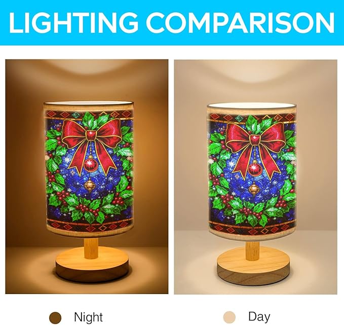 Christmas Wreath Table Lamp LED 3-Color Pressed Bedside for Merry Christmas, Christmas Wreath Shade Christmas Table Lamp with Wood Base for Bedroom Living Room Desk Office - Bloomnest