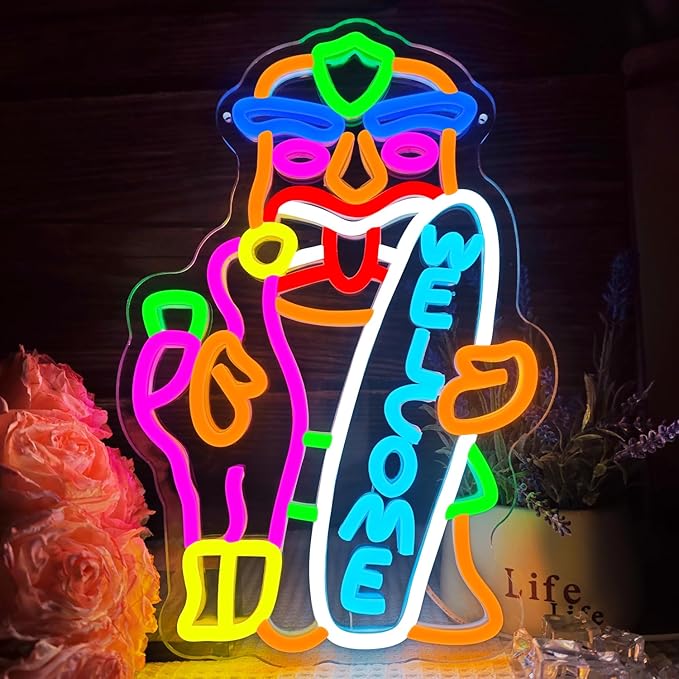 Tiki Bar Neon Sign Dimmable Flamingo Neon Sign for Wall Decor Hawaii Pool bar Party Tiki Bar Neon Light Up Sign for Wall Window Home Party Holiday Gift - Bloomnest