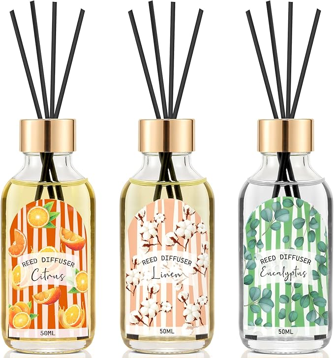 3 Pack Reed Diffuser Set, Linen Eucalyptus Citrus Scented Oil Reed Diffusers for Home, Bathroom, Office Decor, Aromatherapy Diffuser with 15 Sticks, 1.7 Fl. Oz Each, Total 5.1 Fl. Oz - Bloomnest