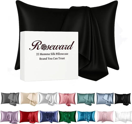 Hypoallergenic Pillow Case Made in USA, Premium Black Silk Pillow Cases, 6A Grade 22 Momme Pure Silk Pillowcase, Zipper Closure, Machine Washable, 1 Pc 20"x30" (Queen, Black) - Bloomnest