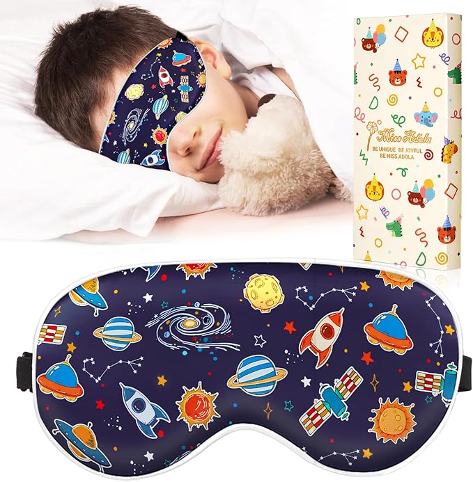 Sleep Mask for Kids - Cute Kawaii Cartoon Silk Sleeping Mask with Adjustable Strap Soft Smooth Light Eye Mask for Sleeping Silk Kids Eye Cover for Boys Girls Teens, BU Sky Rockets - Bloomnest